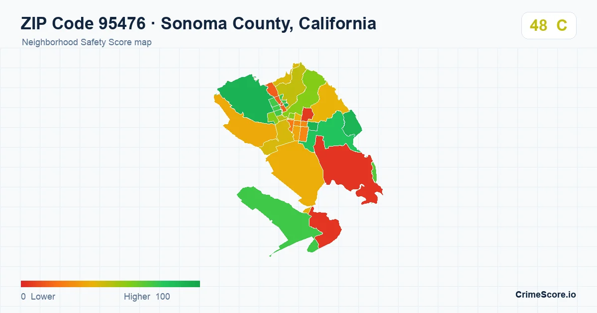 ZIP Code 95476 in Sonoma County, California neighborhood Safety Score map