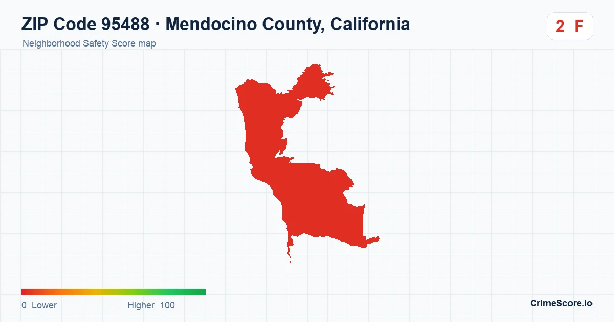ZIP Code 95488 in Mendocino County, California neighborhood Safety Score map