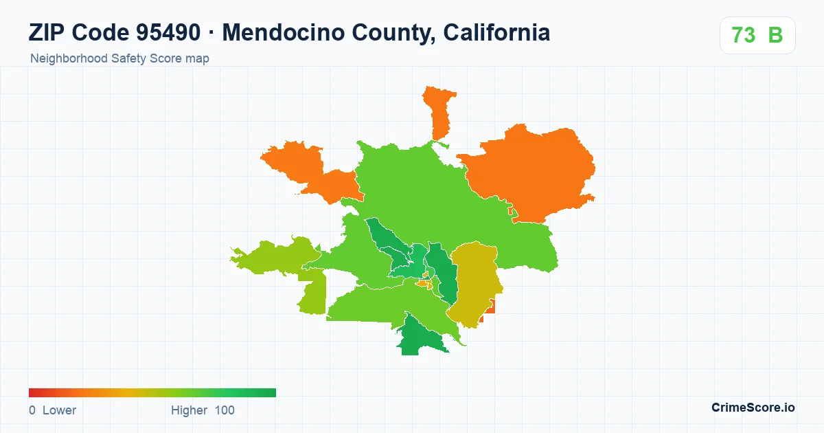 ZIP Code 95490 in Mendocino County, California neighborhood Safety Score map
