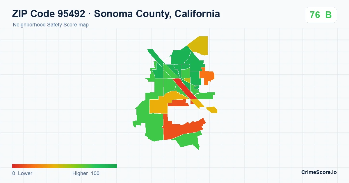 ZIP Code 95492 in Sonoma County, California neighborhood Safety Score map