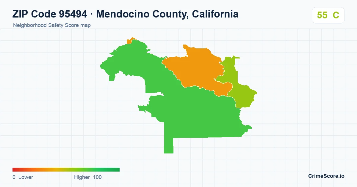 ZIP Code 95494 in Mendocino County, California neighborhood Safety Score map