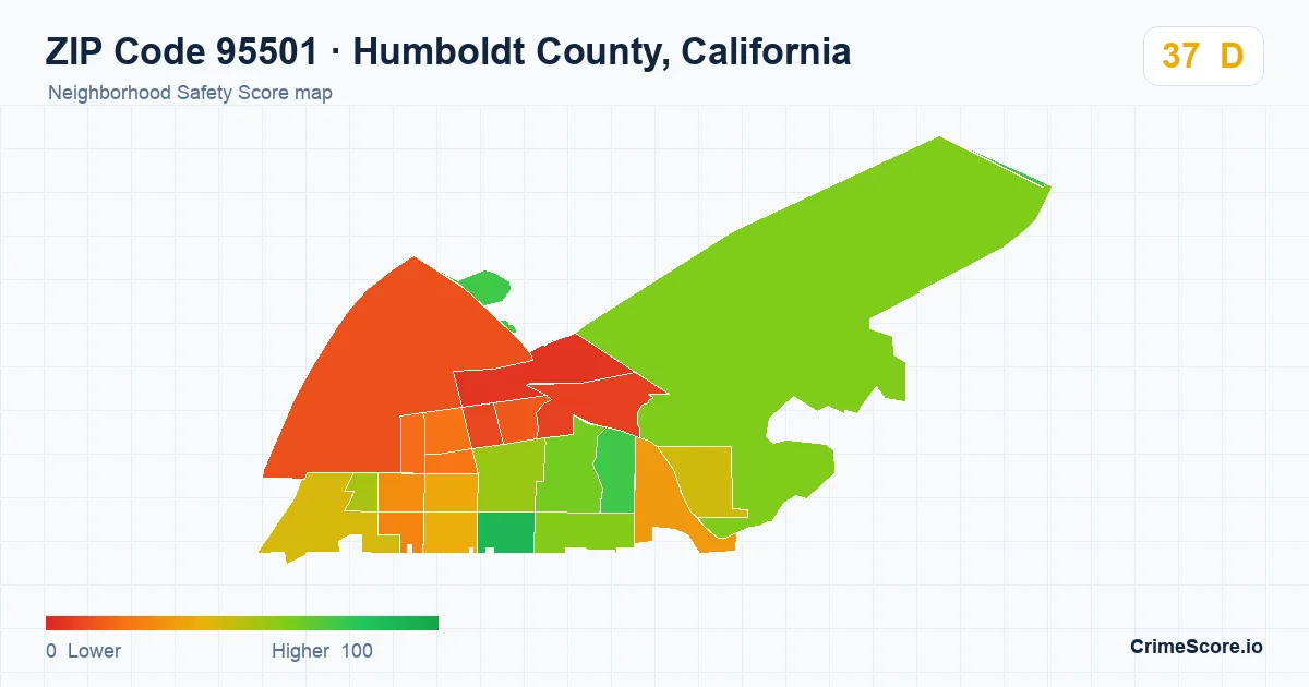 ZIP Code 95501 in Humboldt County, California neighborhood Safety Score map