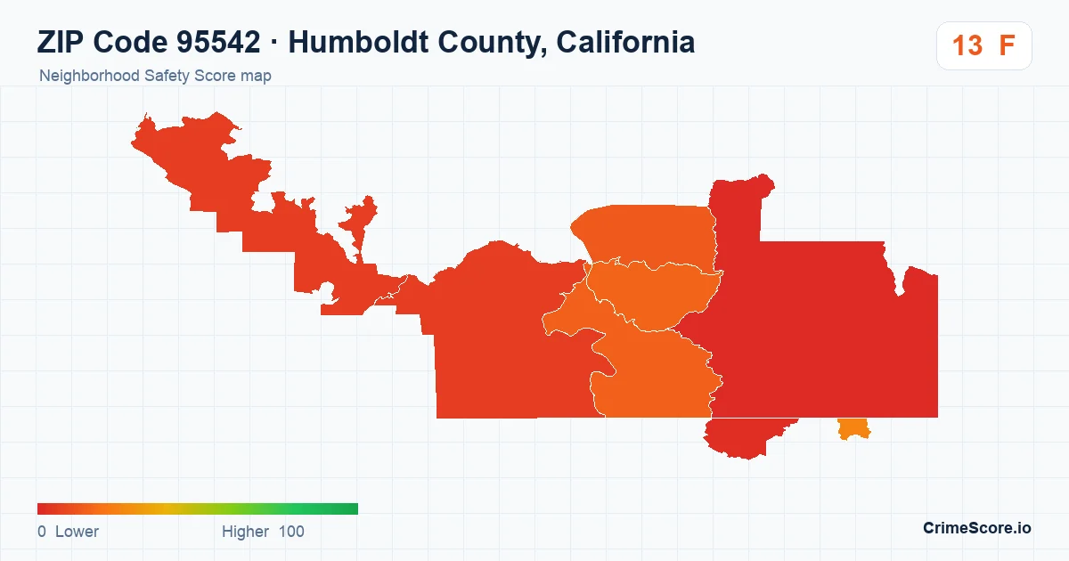 ZIP Code 95542 in Humboldt County, California neighborhood Safety Score map