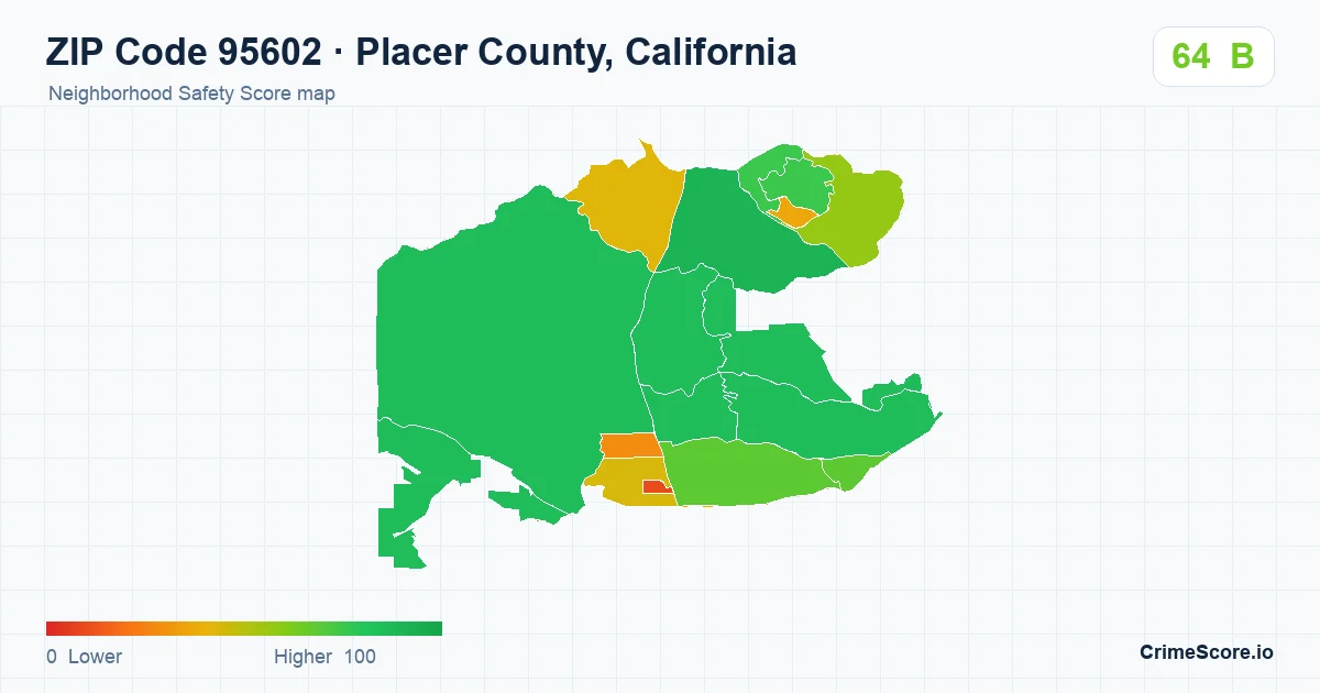 ZIP Code 95602 in Placer County, California neighborhood Safety Score map