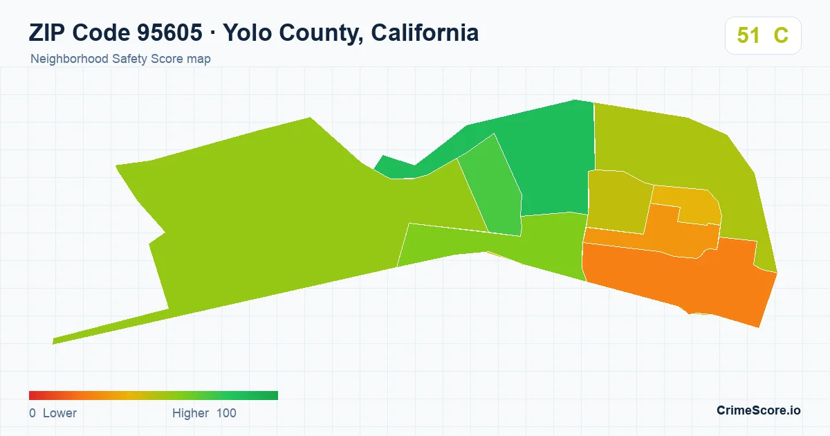 ZIP Code 95605 in Yolo County, California neighborhood Safety Score map