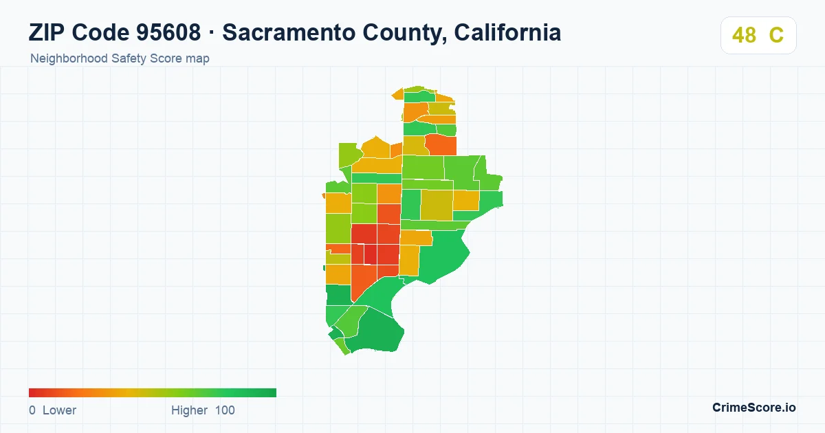 ZIP Code 95608 in Sacramento County, California neighborhood Safety Score map
