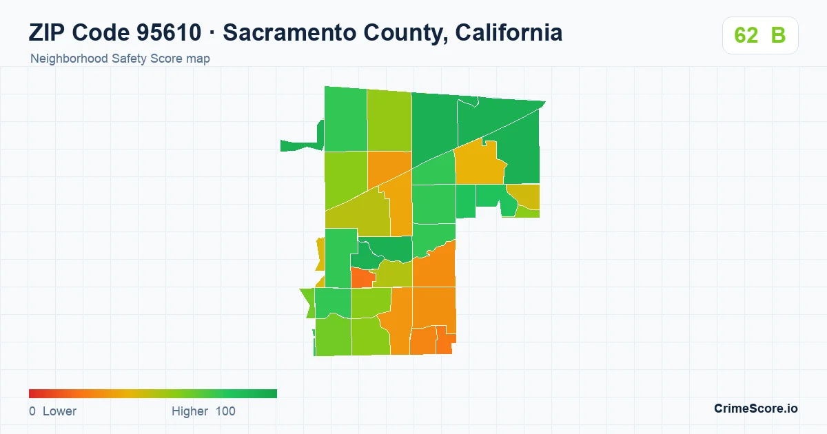 ZIP Code 95610 in Sacramento County, California neighborhood Safety Score map