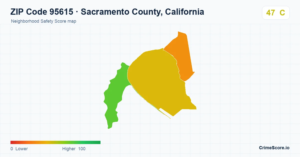 ZIP Code 95615 in Sacramento County, California neighborhood Safety Score map