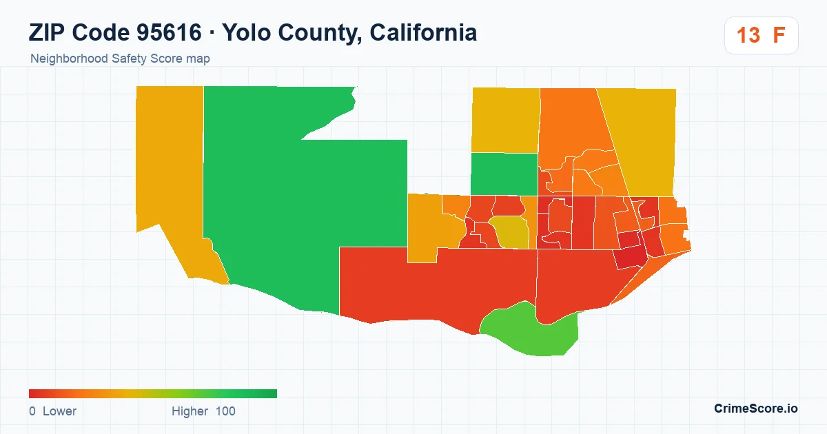 ZIP Code 95616 in Yolo County, California neighborhood Safety Score map