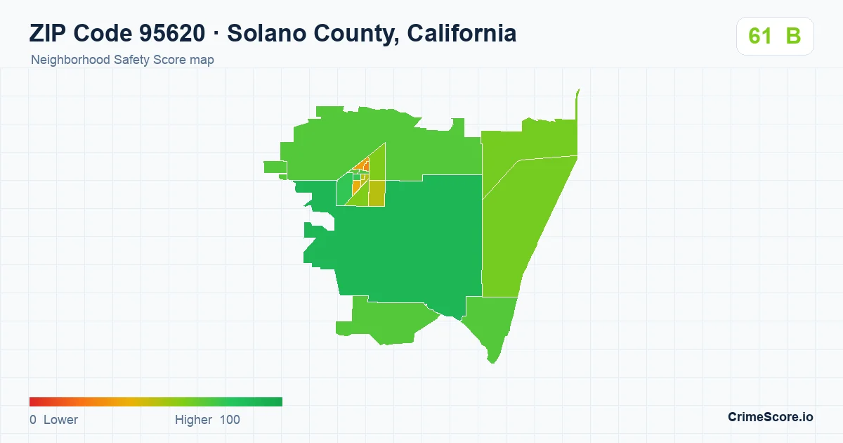 ZIP Code 95620 in Solano County, California neighborhood Safety Score map