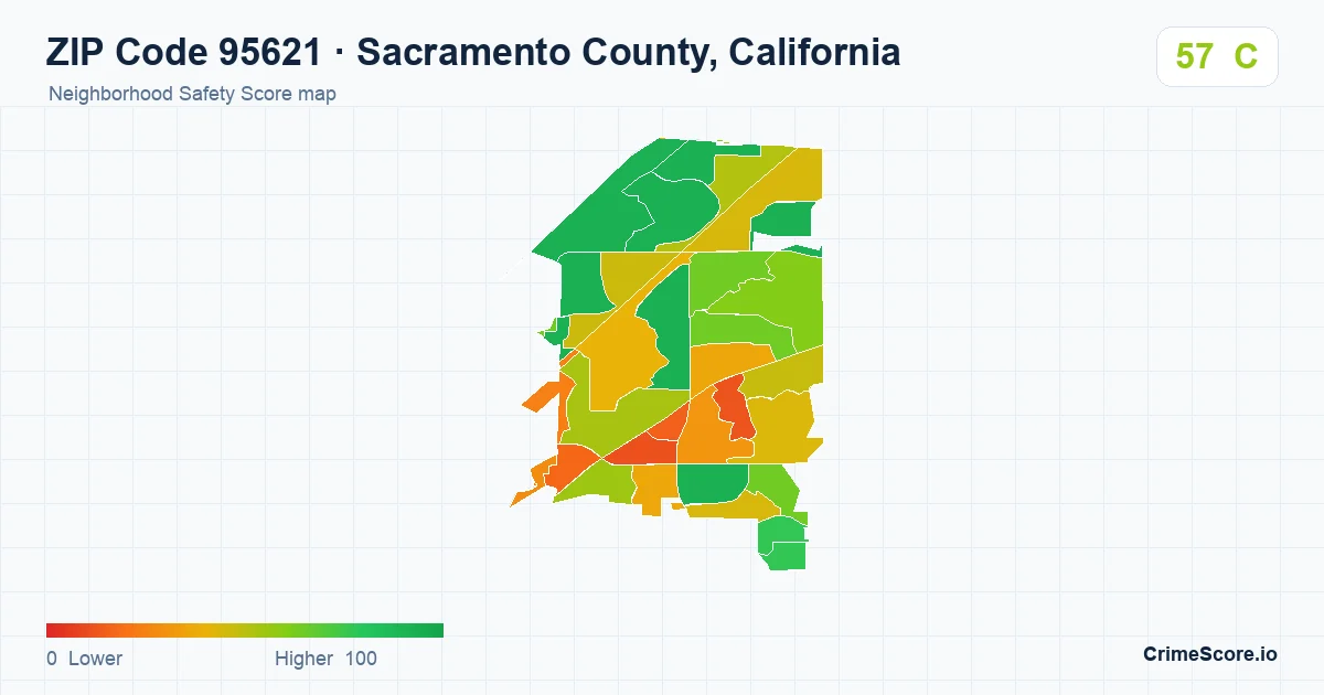 ZIP Code 95621 in Sacramento County, California neighborhood Safety Score map