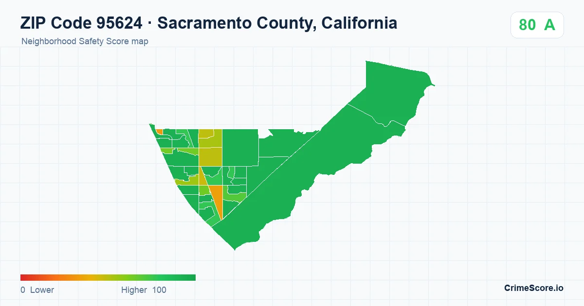 ZIP Code 95624 in Sacramento County, California neighborhood Safety Score map