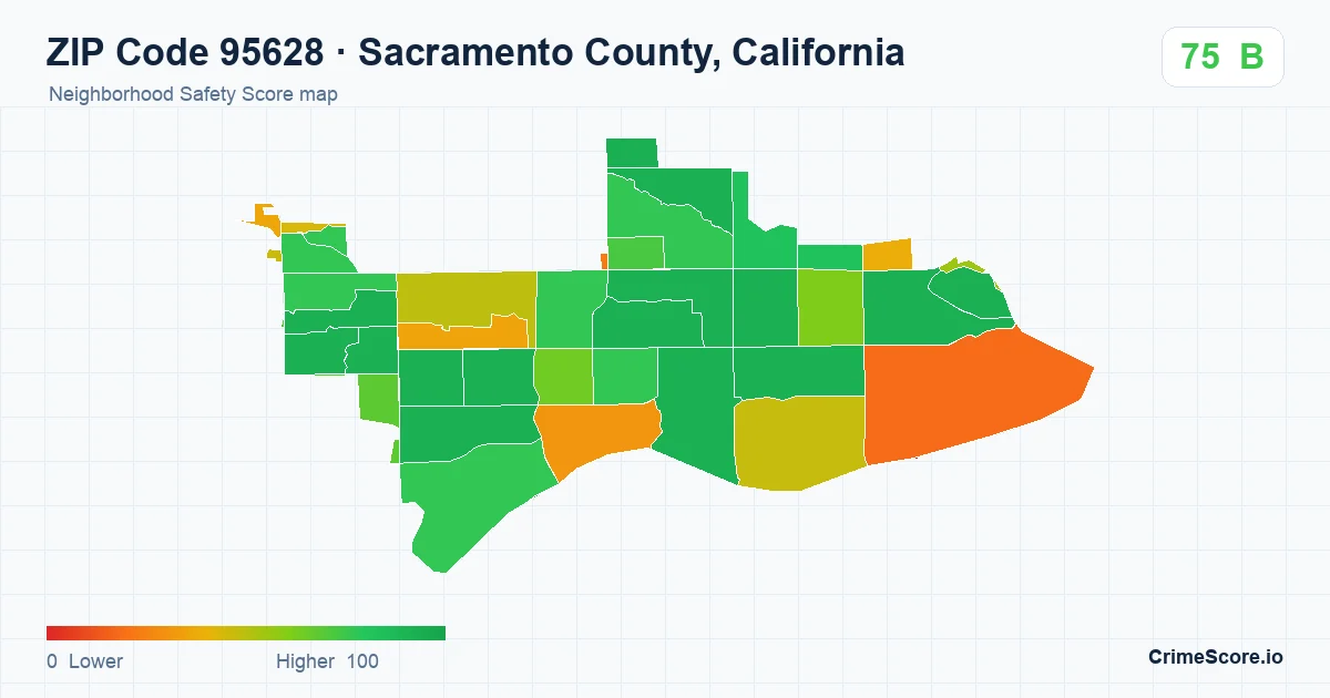 ZIP Code 95628 in Sacramento County, California neighborhood Safety Score map