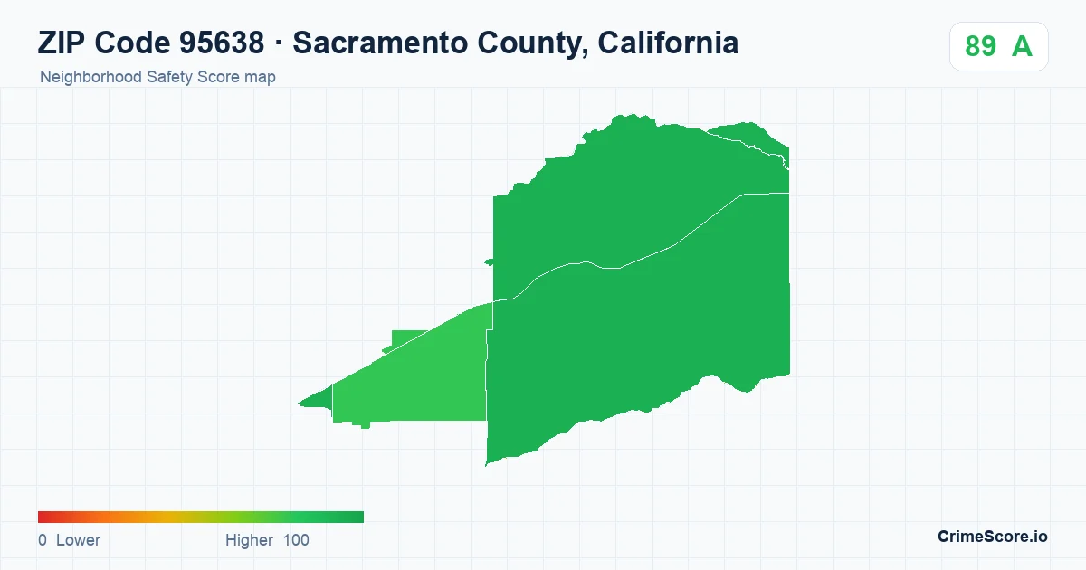 ZIP Code 95638 in Sacramento County, California neighborhood Safety Score map
