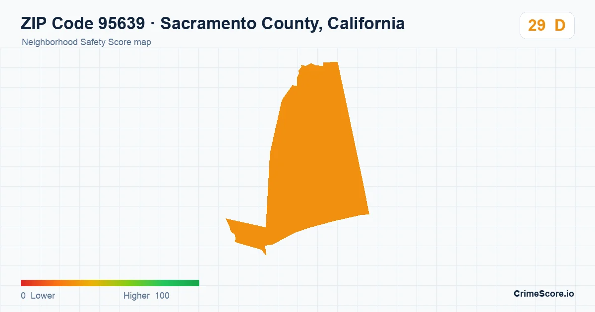 ZIP Code 95639 in Sacramento County, California neighborhood Safety Score map