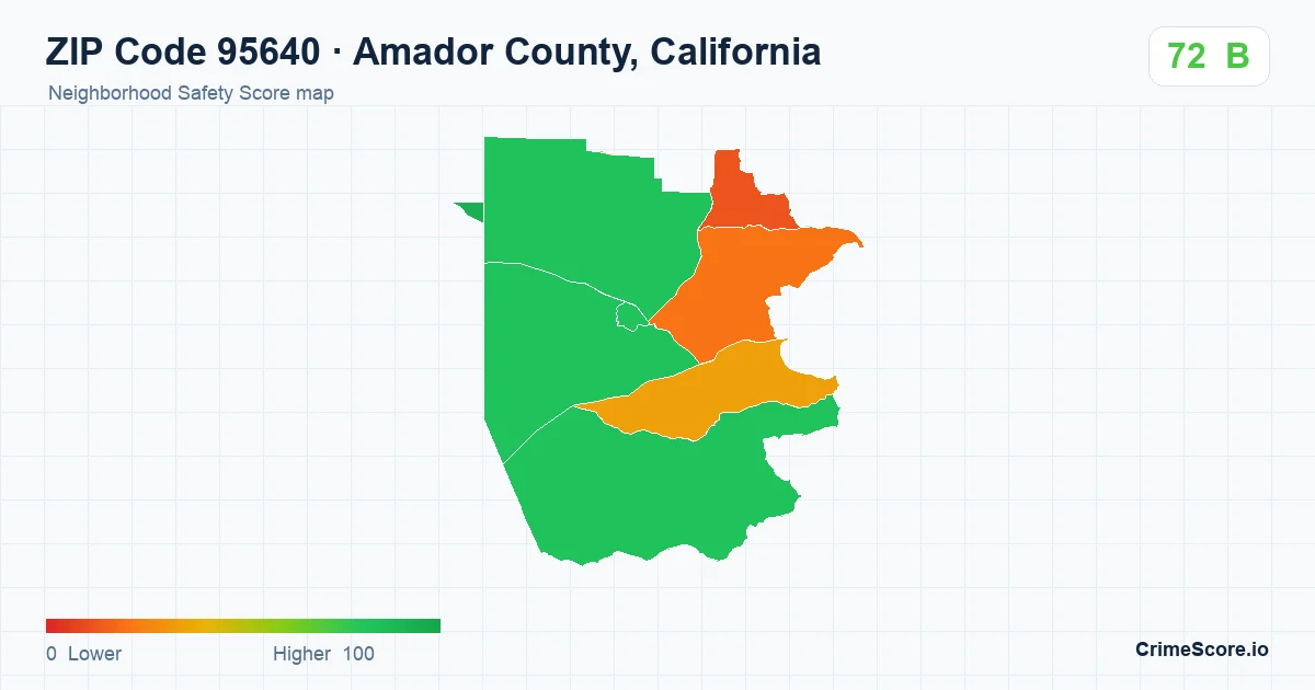 ZIP Code 95640 in Amador County, California neighborhood Safety Score map