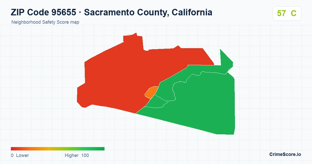 ZIP Code 95655 in Sacramento County, California neighborhood Safety Score map