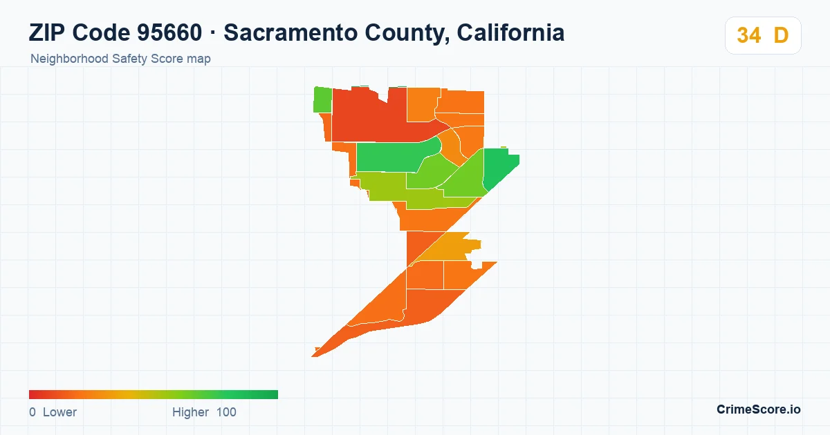 ZIP Code 95660 in Sacramento County, California neighborhood Safety Score map