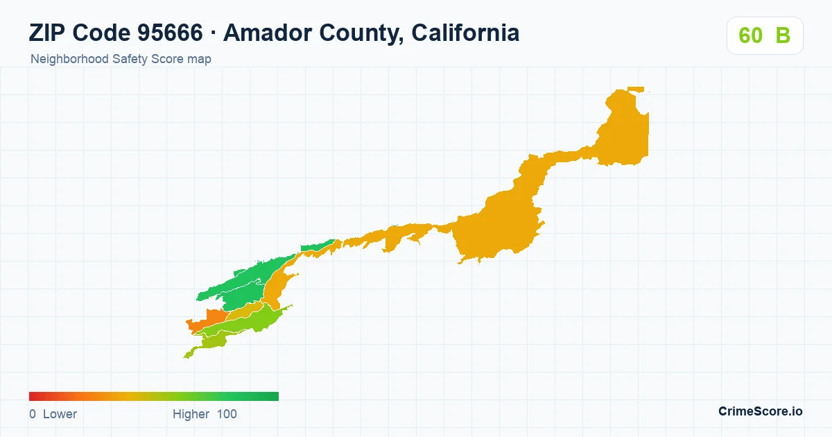 ZIP Code 95666 in Amador County, California neighborhood Safety Score map