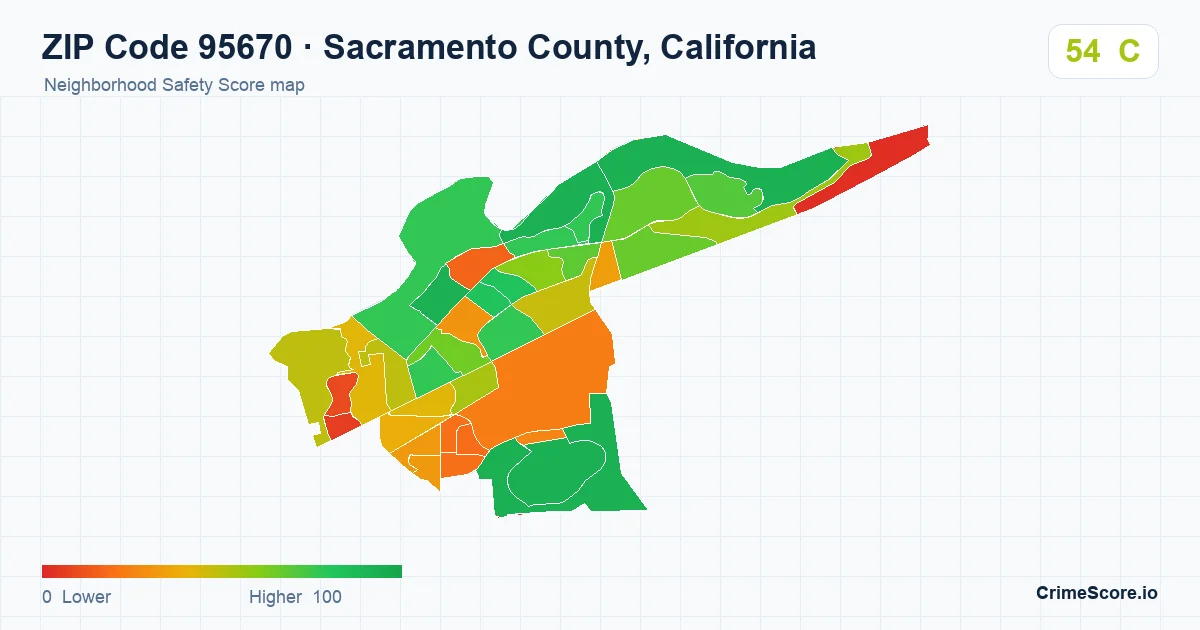 ZIP Code 95670 in Sacramento County, California neighborhood Safety Score map