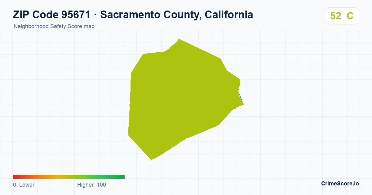 ZIP Code 95671 in Sacramento County, California neighborhood Safety Score map