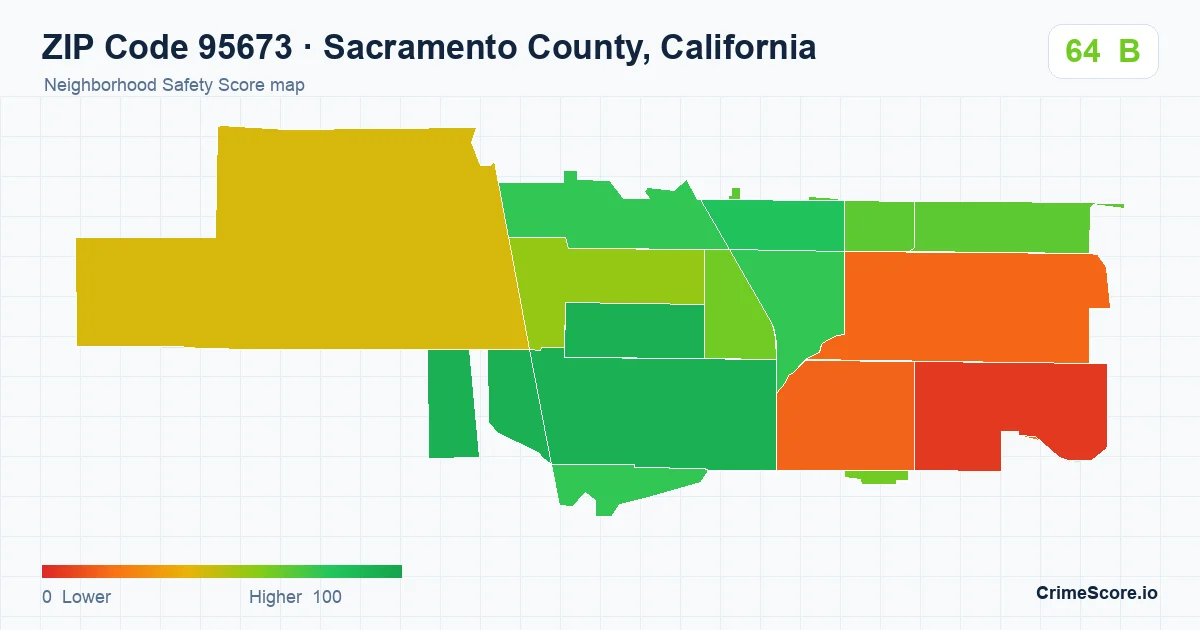 ZIP Code 95673 in Sacramento County, California neighborhood Safety Score map