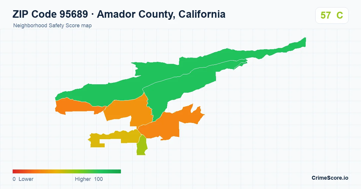 ZIP Code 95689 in Amador County, California neighborhood Safety Score map
