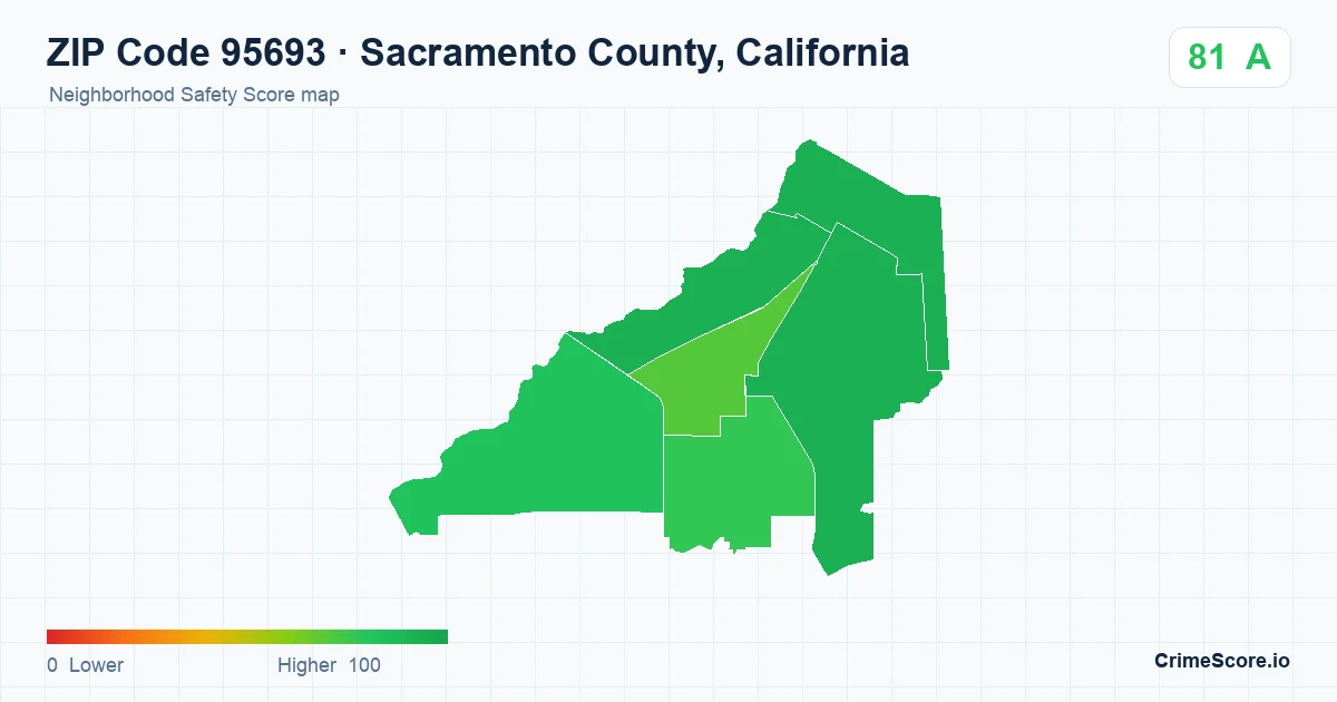 ZIP Code 95693 in Sacramento County, California neighborhood Safety Score map