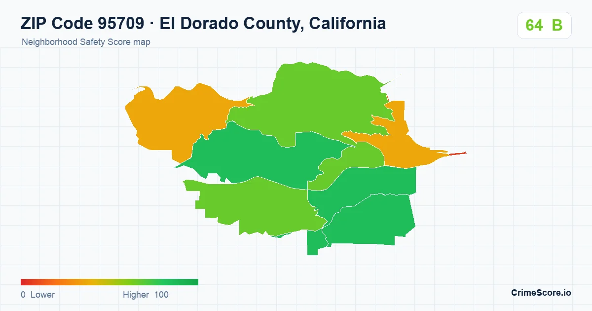 ZIP Code 95709 in El Dorado County, California neighborhood Safety Score map
