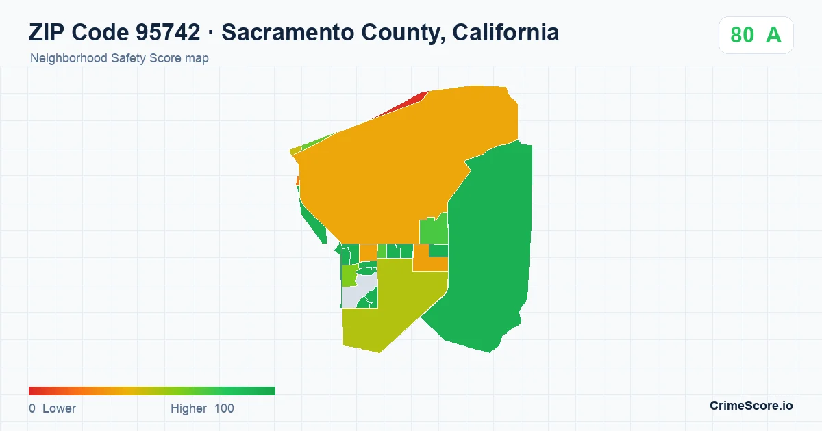 ZIP Code 95742 in Sacramento County, California neighborhood Safety Score map