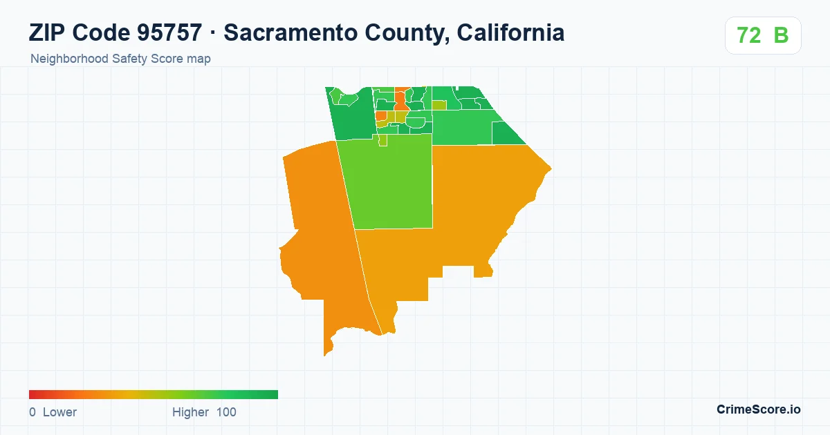 ZIP Code 95757 in Sacramento County, California neighborhood Safety Score map