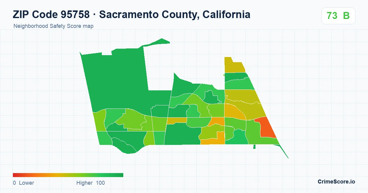 ZIP Code 95758 in Sacramento County, California neighborhood Safety Score map