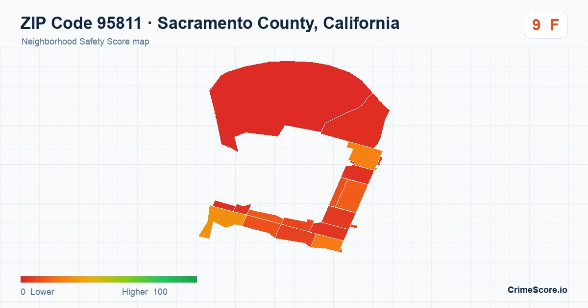 ZIP Code 95811 in Sacramento County, California neighborhood Safety Score map