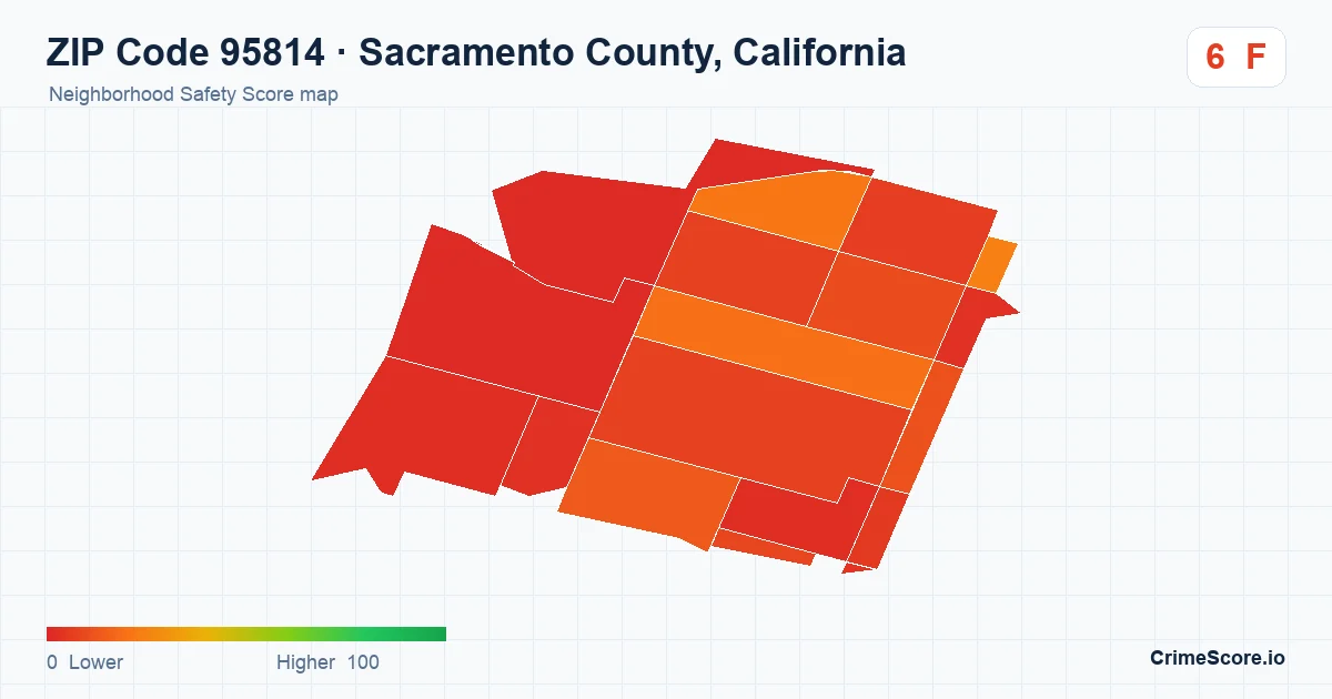 ZIP Code 95814 in Sacramento County, California neighborhood Safety Score map