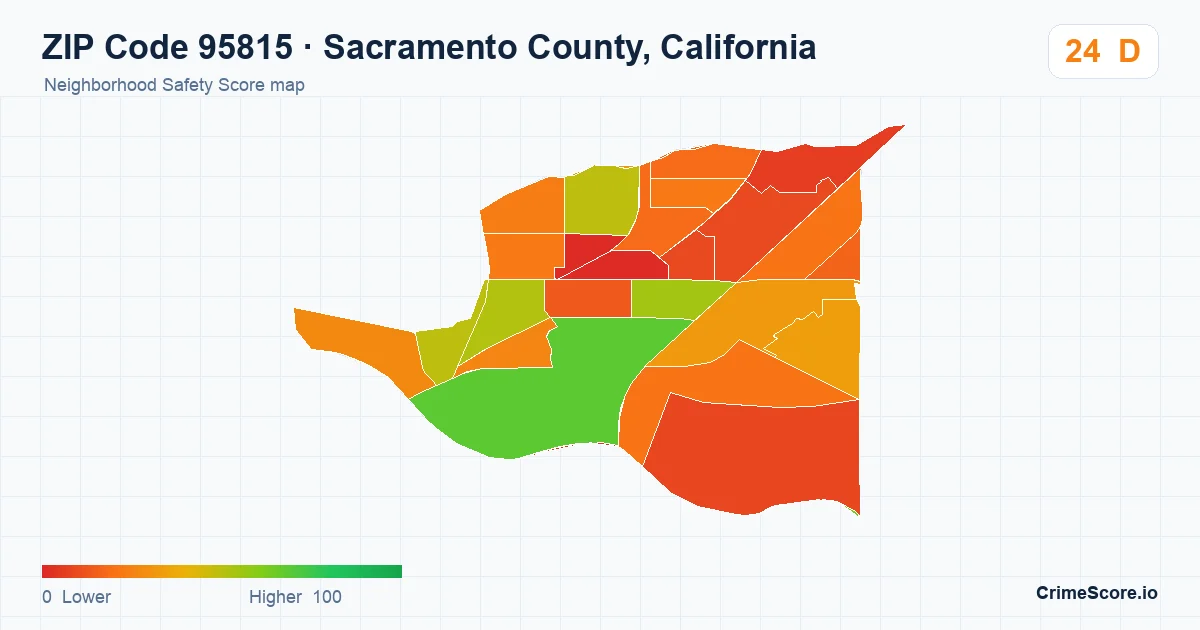 ZIP Code 95815 in Sacramento County, California neighborhood Safety Score map