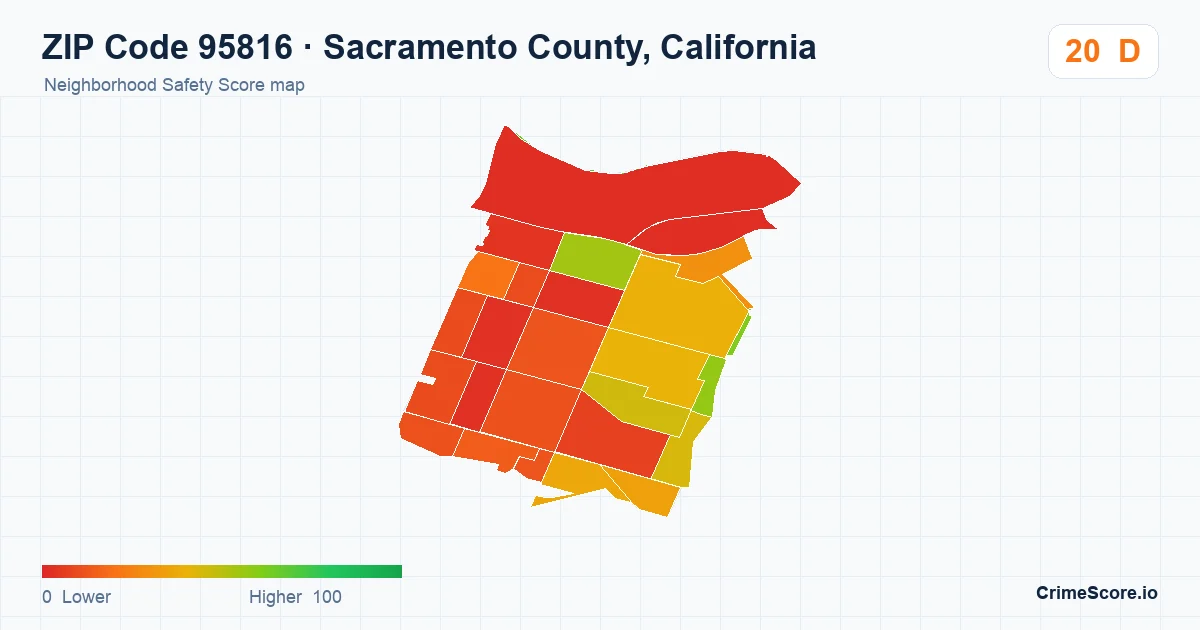 ZIP Code 95816 in Sacramento County, California neighborhood Safety Score map