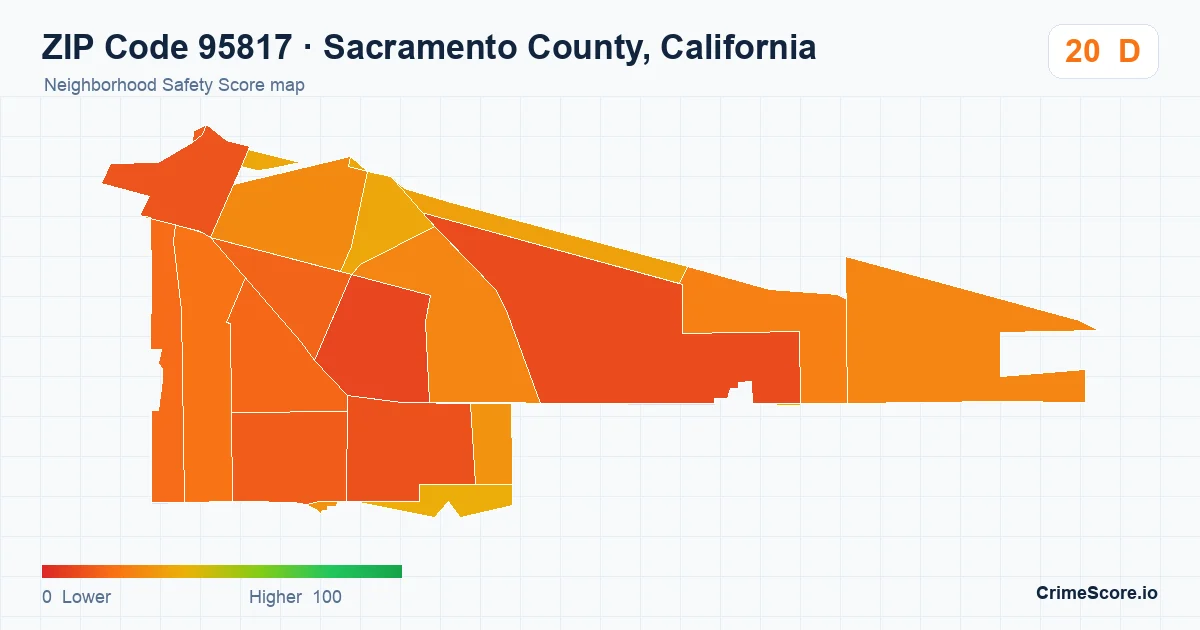 ZIP Code 95817 in Sacramento County, California neighborhood Safety Score map