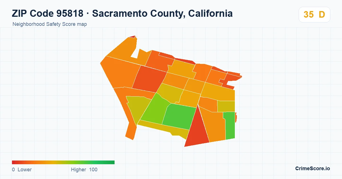 ZIP Code 95818 in Sacramento County, California neighborhood Safety Score map
