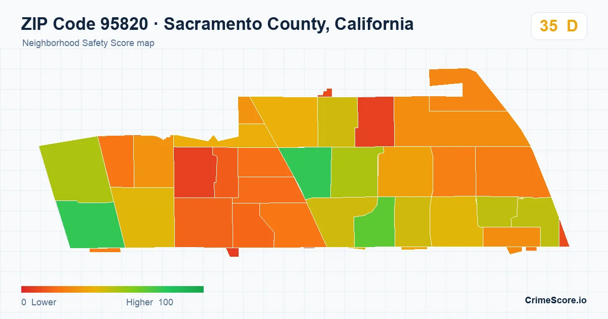 ZIP Code 95820 in Sacramento County, California neighborhood Safety Score map