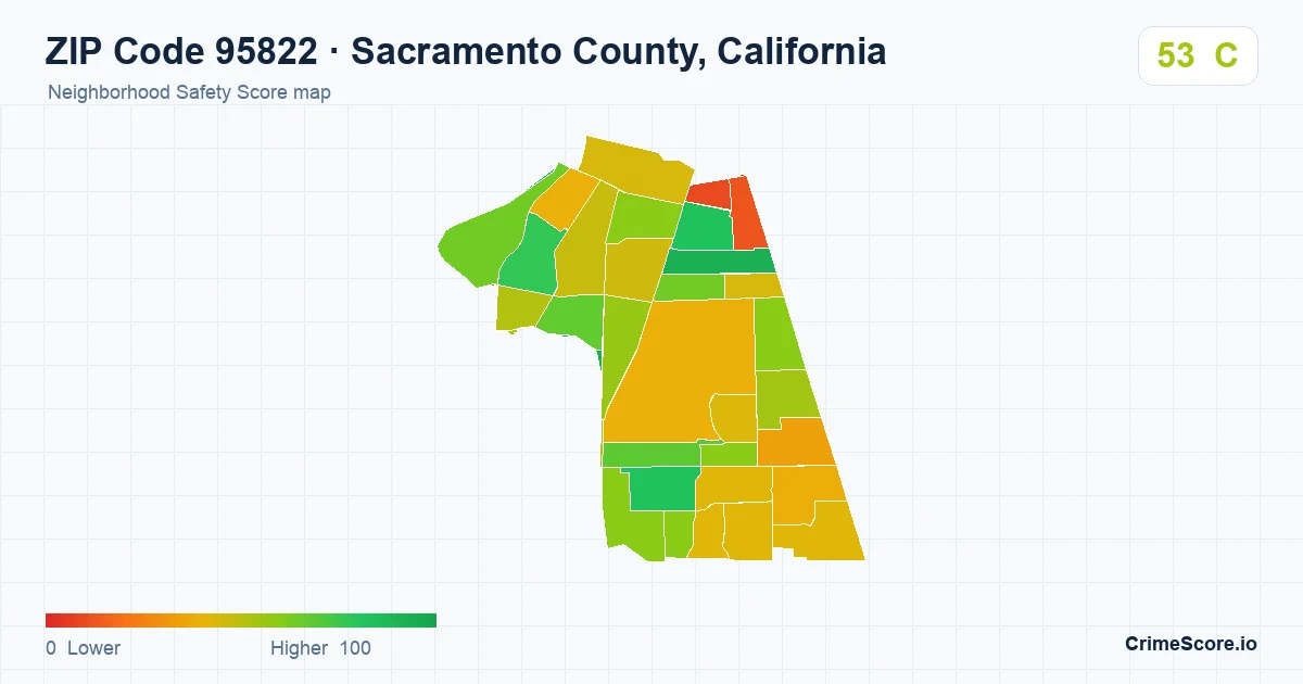 ZIP Code 95822 in Sacramento County, California neighborhood Safety Score map