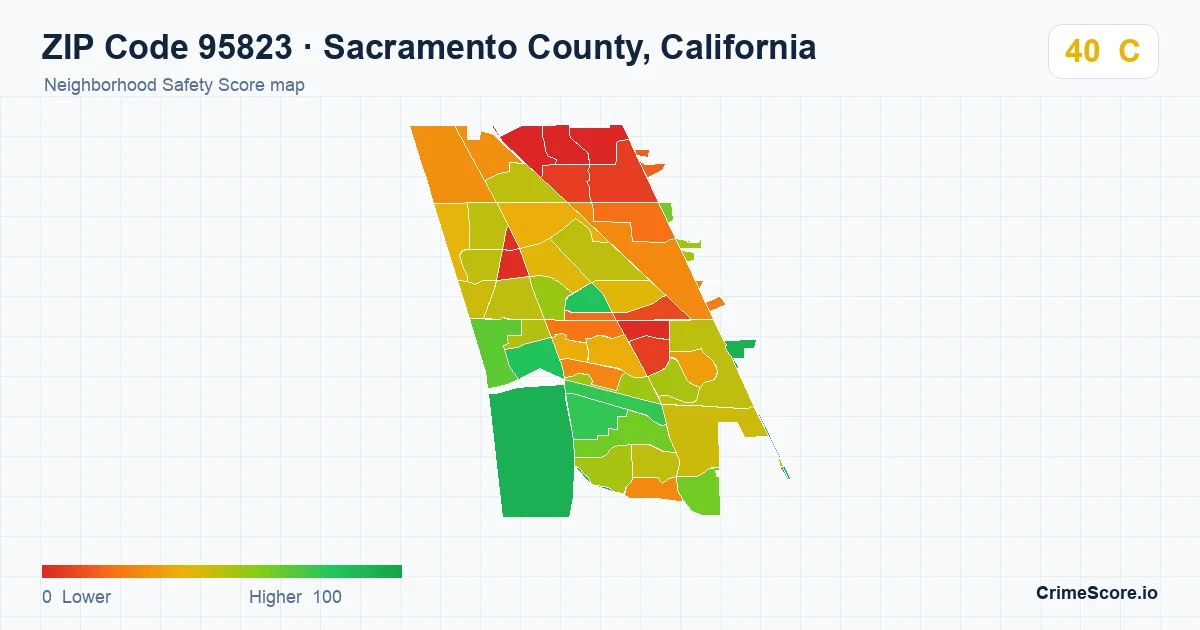 ZIP Code 95823 in Sacramento County, California neighborhood Safety Score map