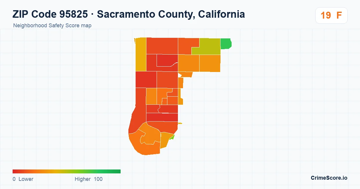 ZIP Code 95825 in Sacramento County, California neighborhood Safety Score map
