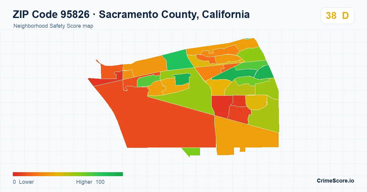 ZIP Code 95826 in Sacramento County, California neighborhood Safety Score map