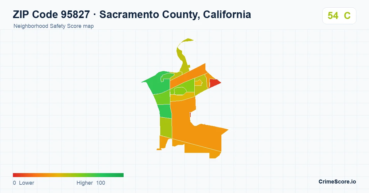 ZIP Code 95827 in Sacramento County, California neighborhood Safety Score map