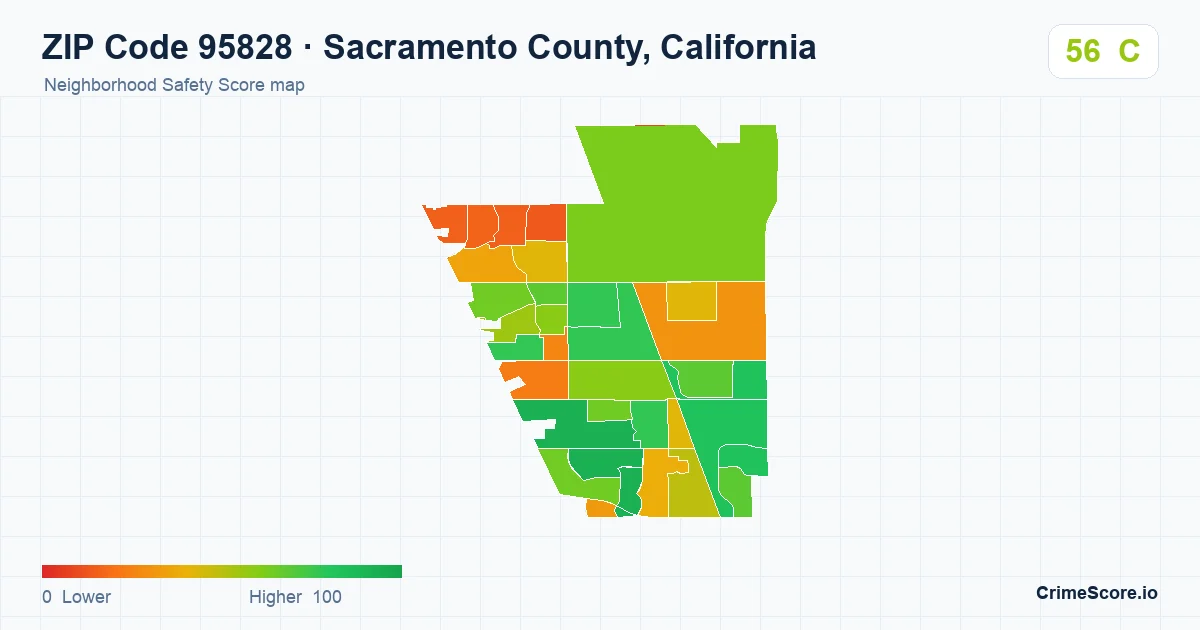 ZIP Code 95828 in Sacramento County, California neighborhood Safety Score map