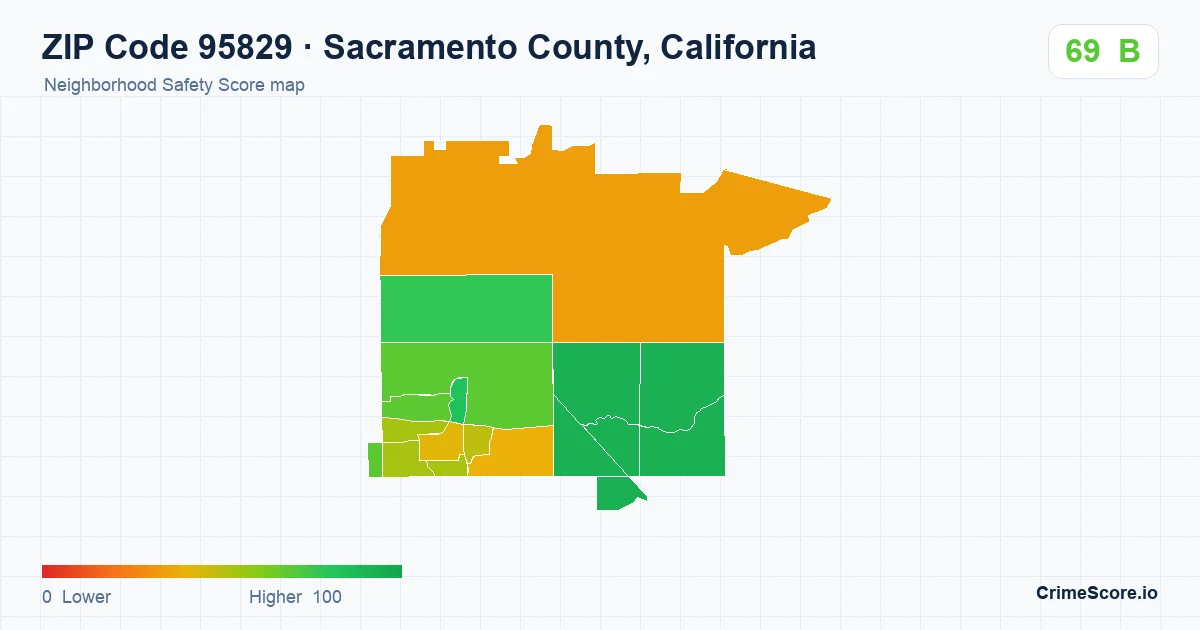 ZIP Code 95829 in Sacramento County, California neighborhood Safety Score map