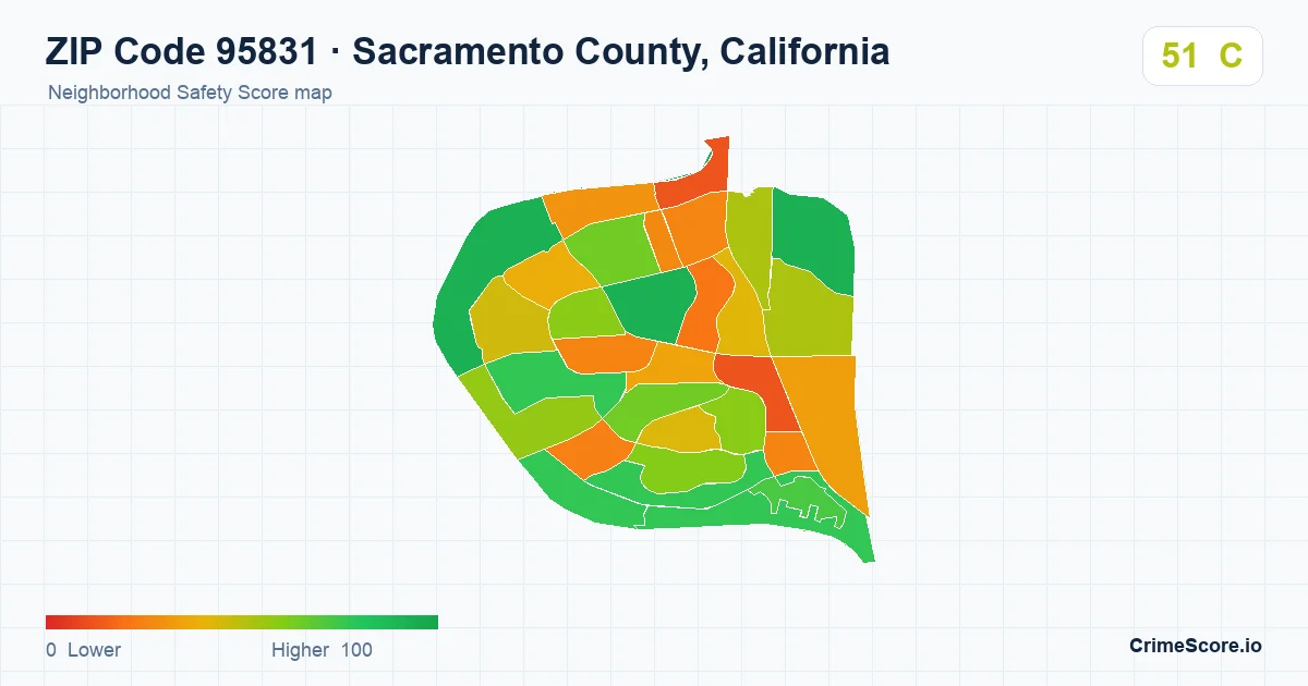 ZIP Code 95831 in Sacramento County, California neighborhood Safety Score map