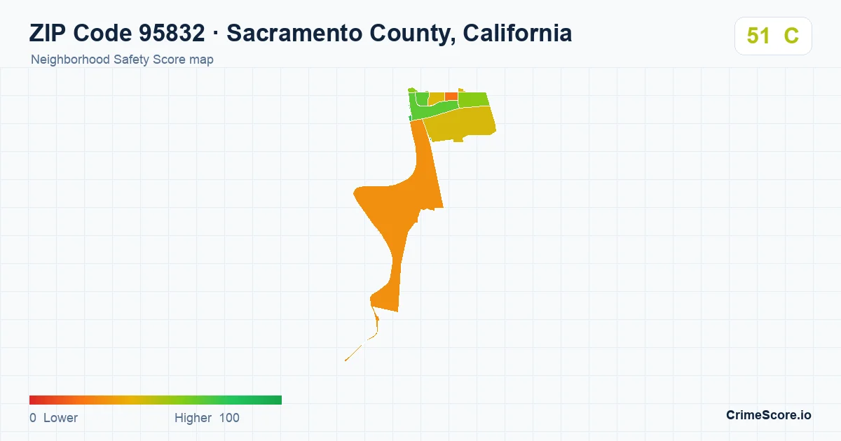 ZIP Code 95832 in Sacramento County, California neighborhood Safety Score map