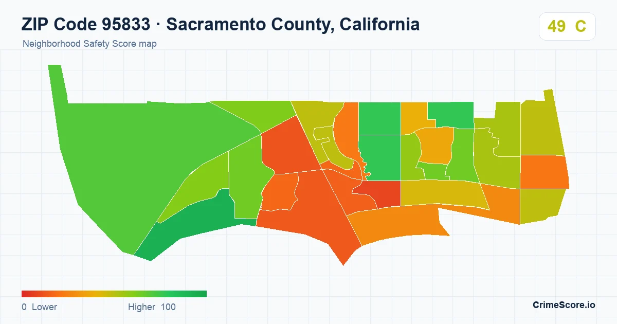 ZIP Code 95833 in Sacramento County, California neighborhood Safety Score map