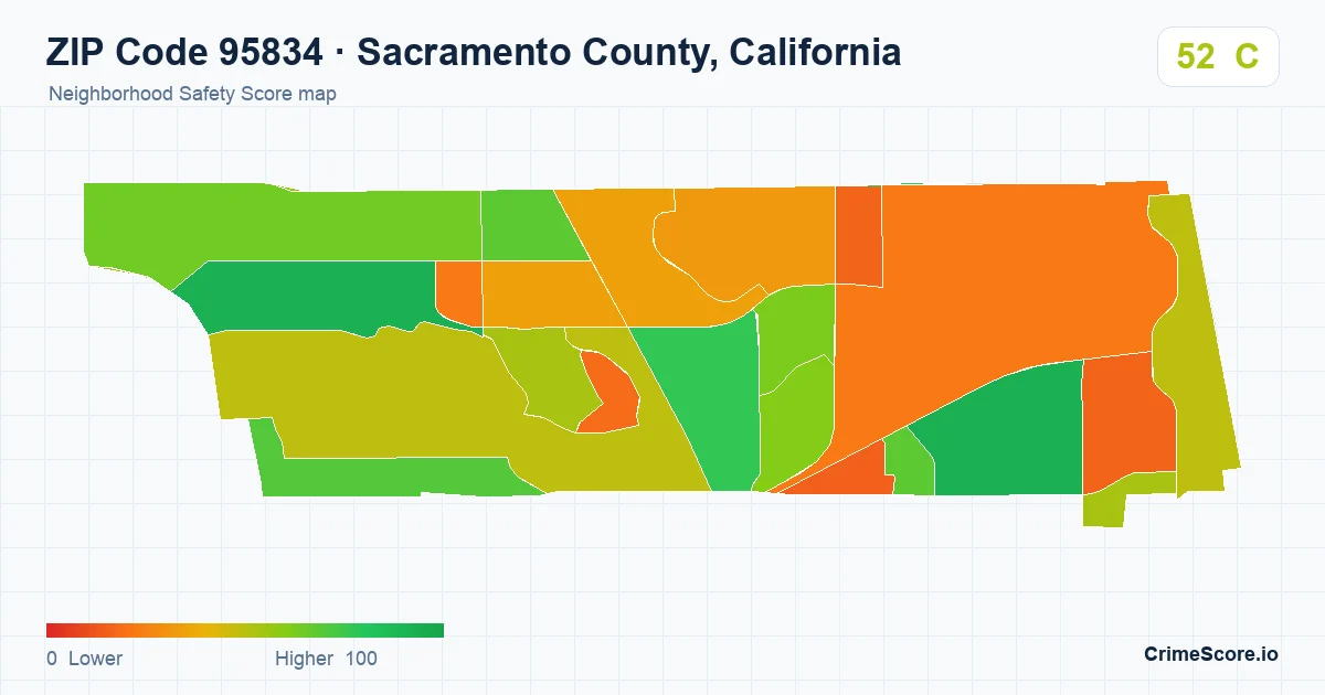 ZIP Code 95834 in Sacramento County, California neighborhood Safety Score map